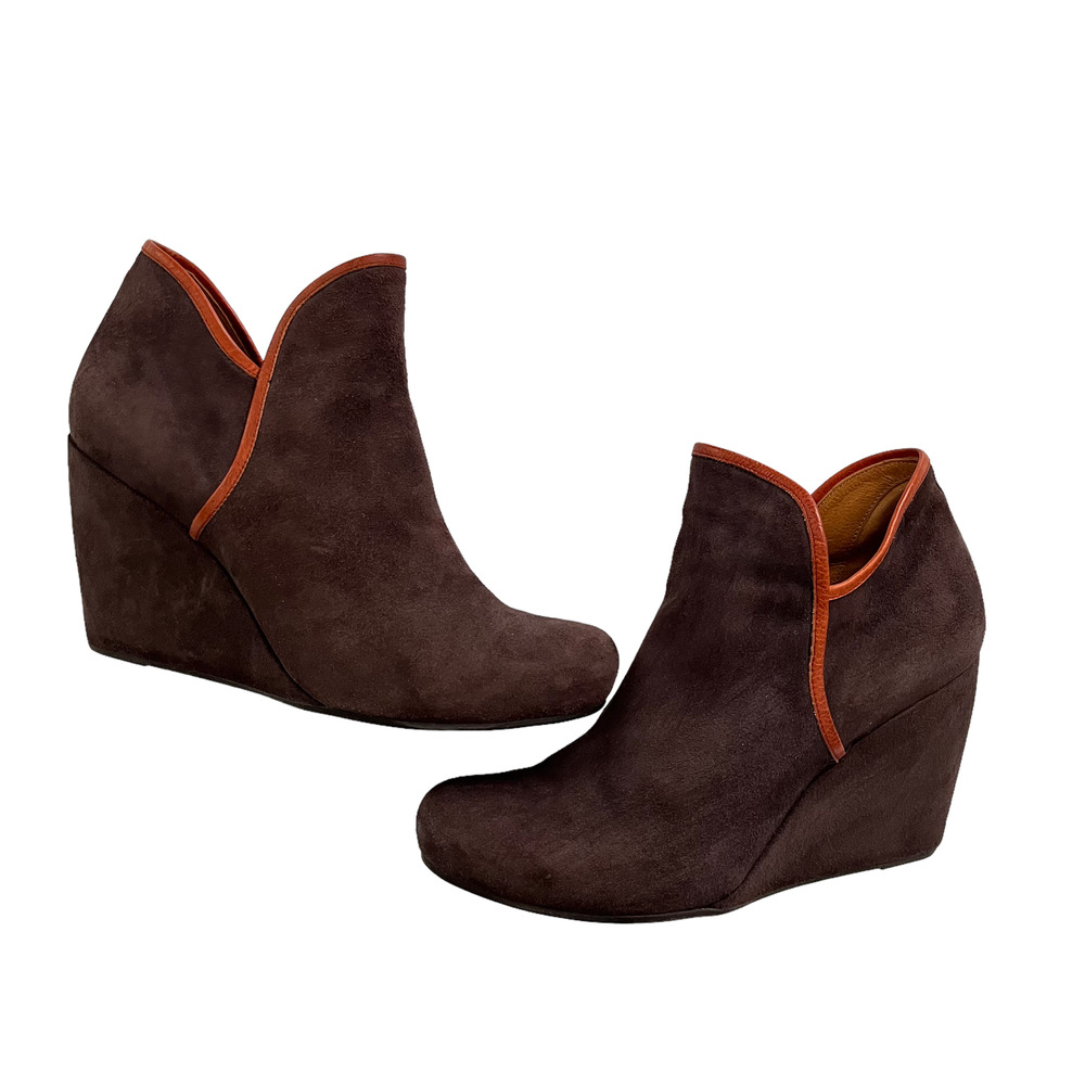 Coclico Chocolate Brown Wedge Booties withg Contrast Piping EU 39/US 8.5